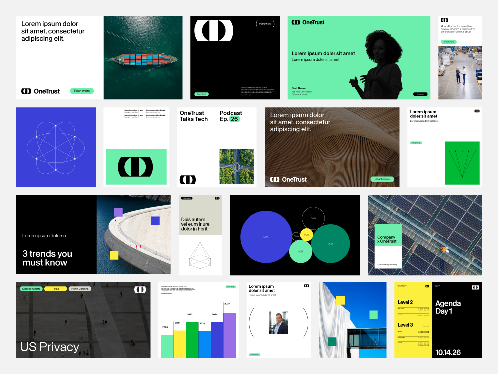 Collage of designs with the new OneTrust logo, colors, and brand identity